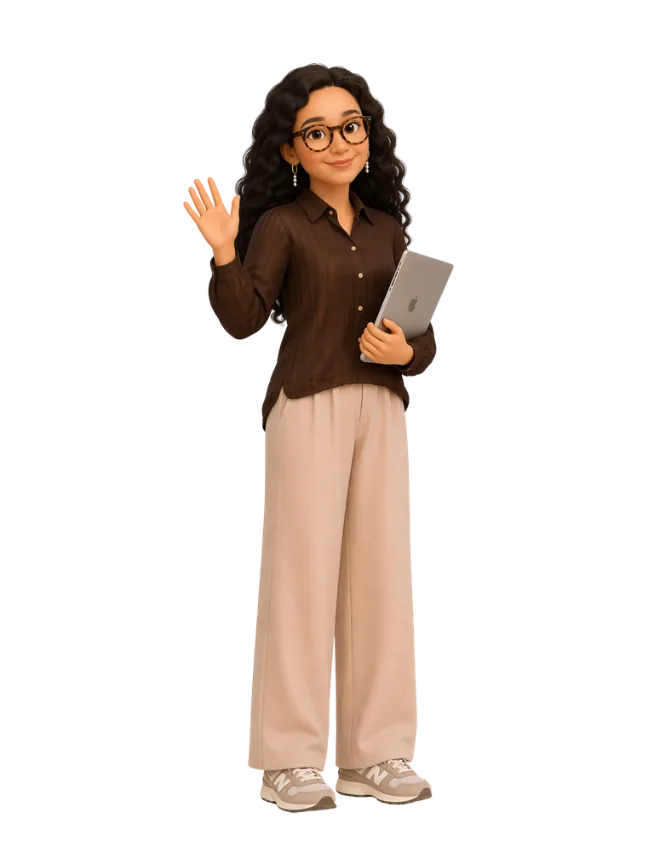 MAY, a IA consultora do Bootcamp, acenando com um laptop na mão
